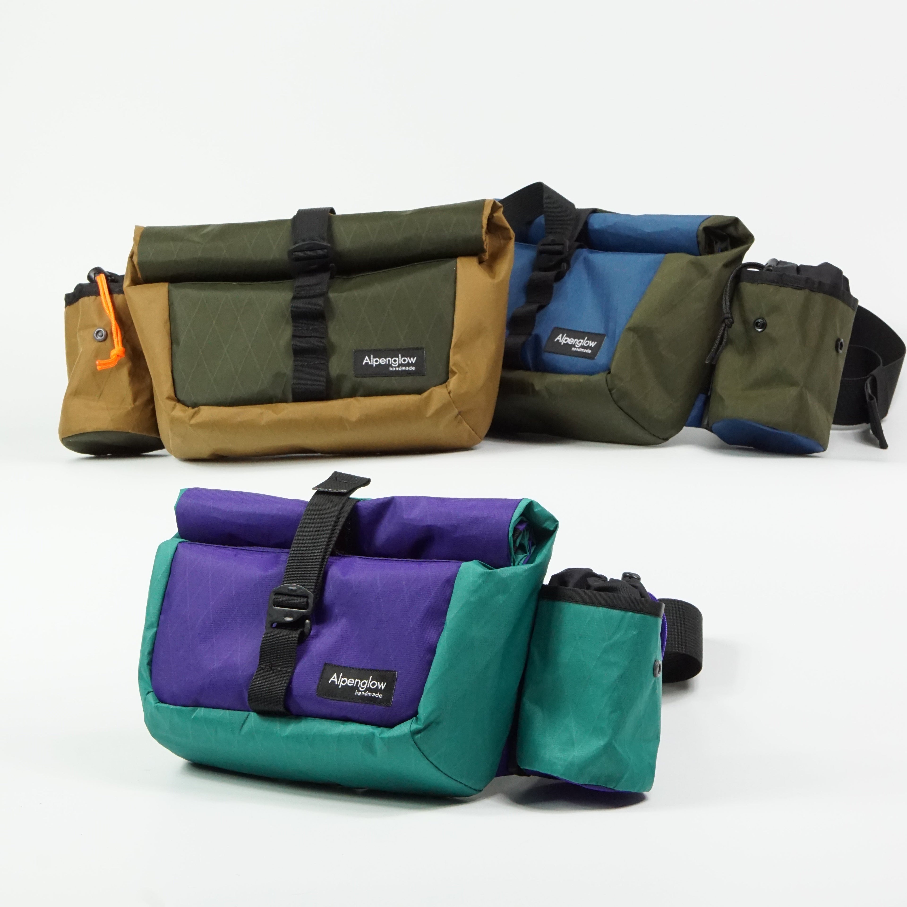 Set of colorful bags arranged on a white background
